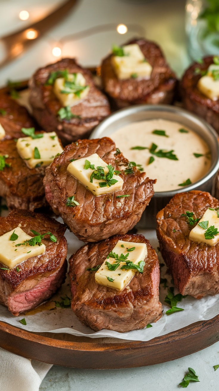 Juicy air fryer garlic butter steak bites garnished with parsley on a wooden plate.